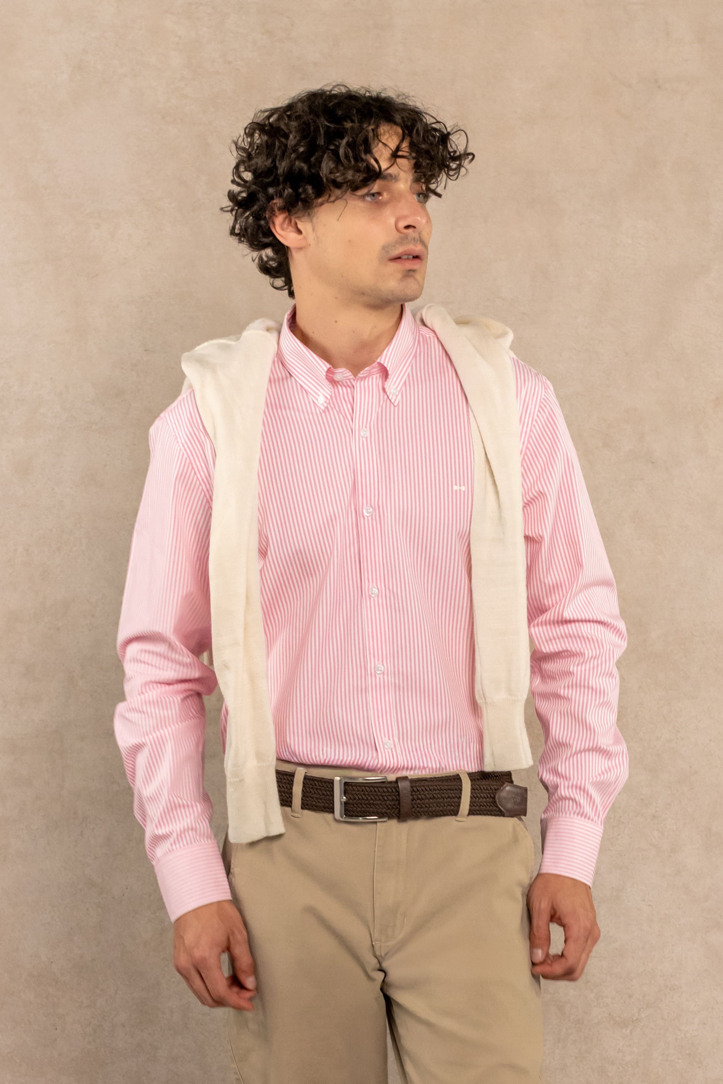 Camisa Antimanchas Popelina Rayas Rosadas Logo Combinado