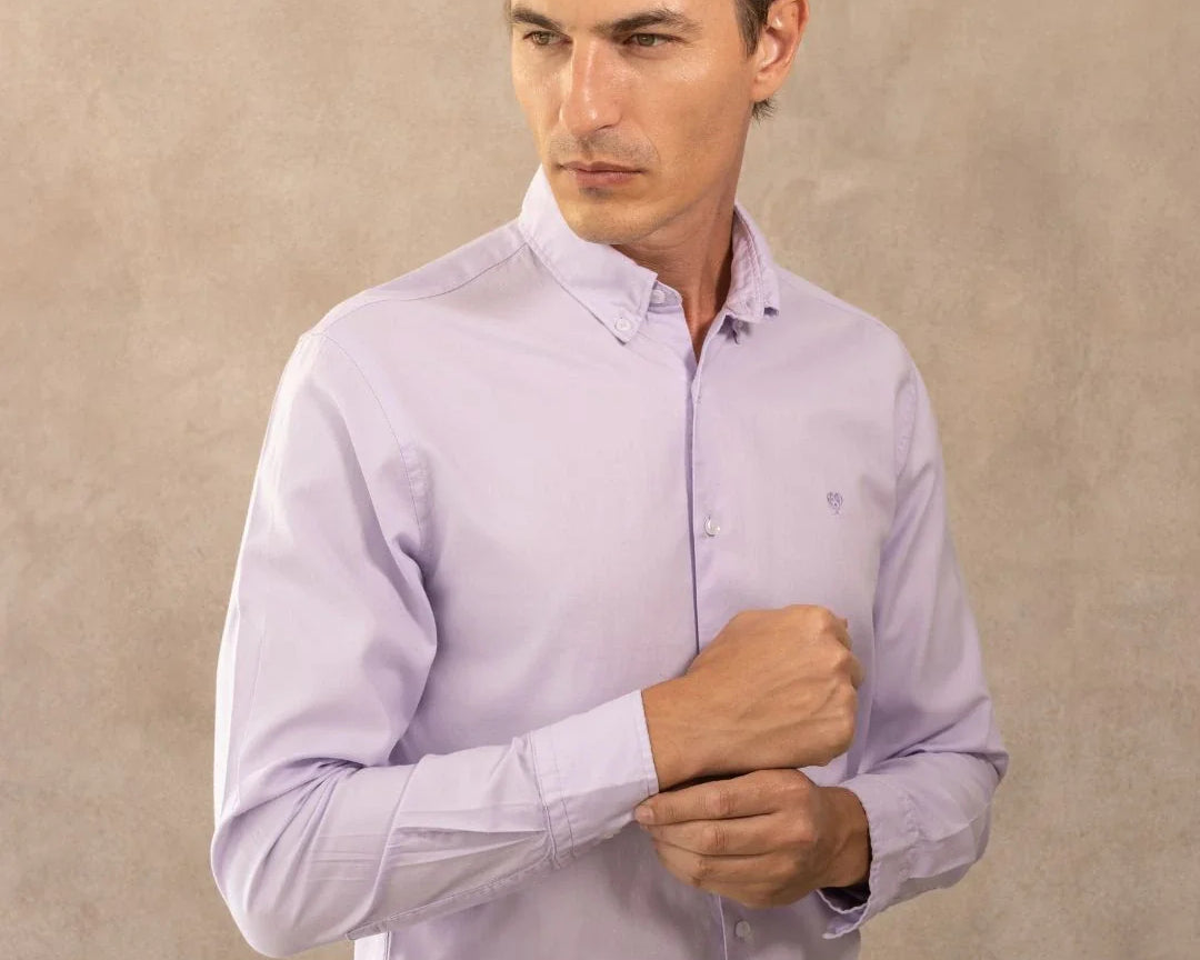 Camisa antimanchas Oxford lila marca DANTE para hombre regular fit foto  mdoelo