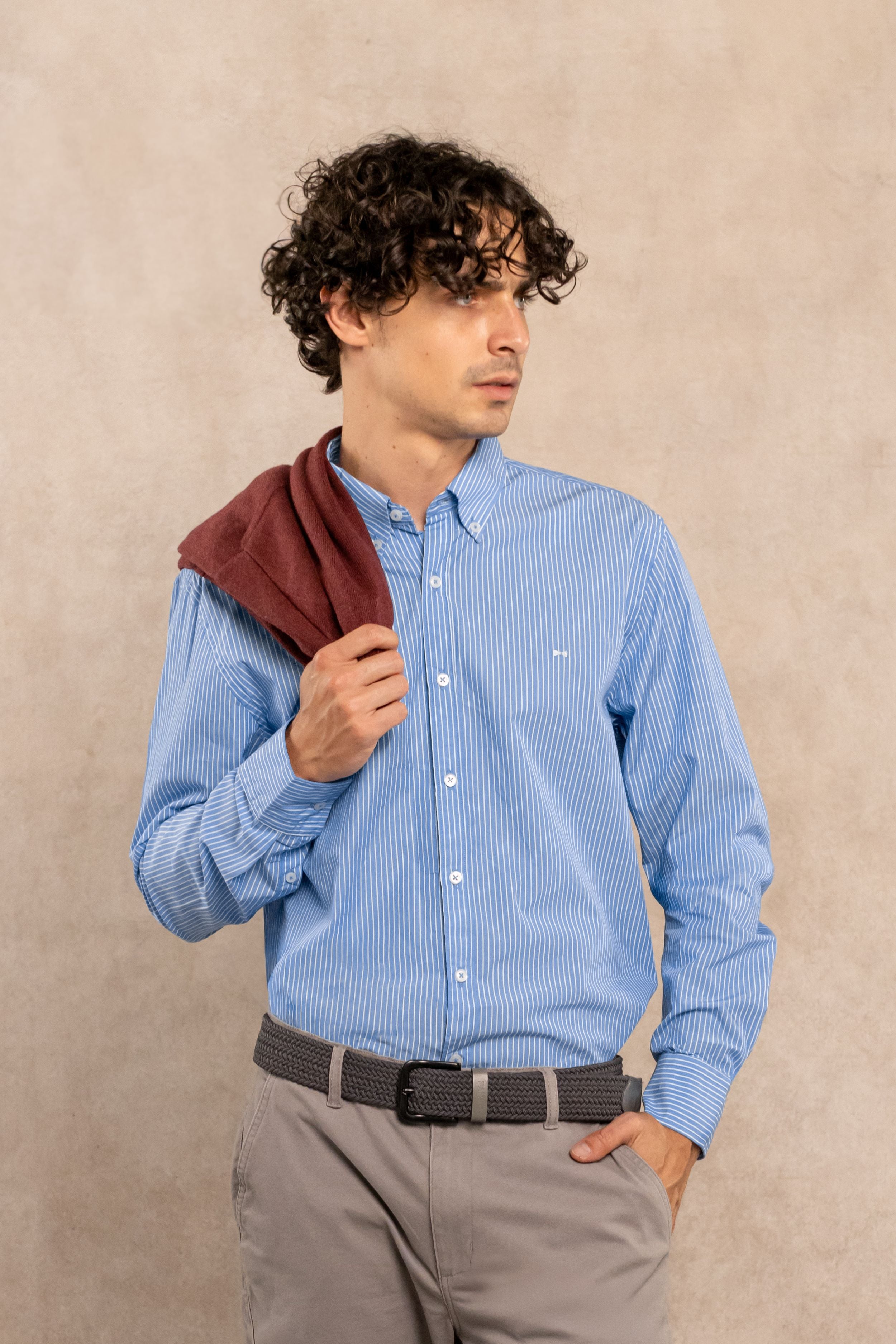 Camisa Antimanchas Popelina Rayas Azul Logo Contraste
