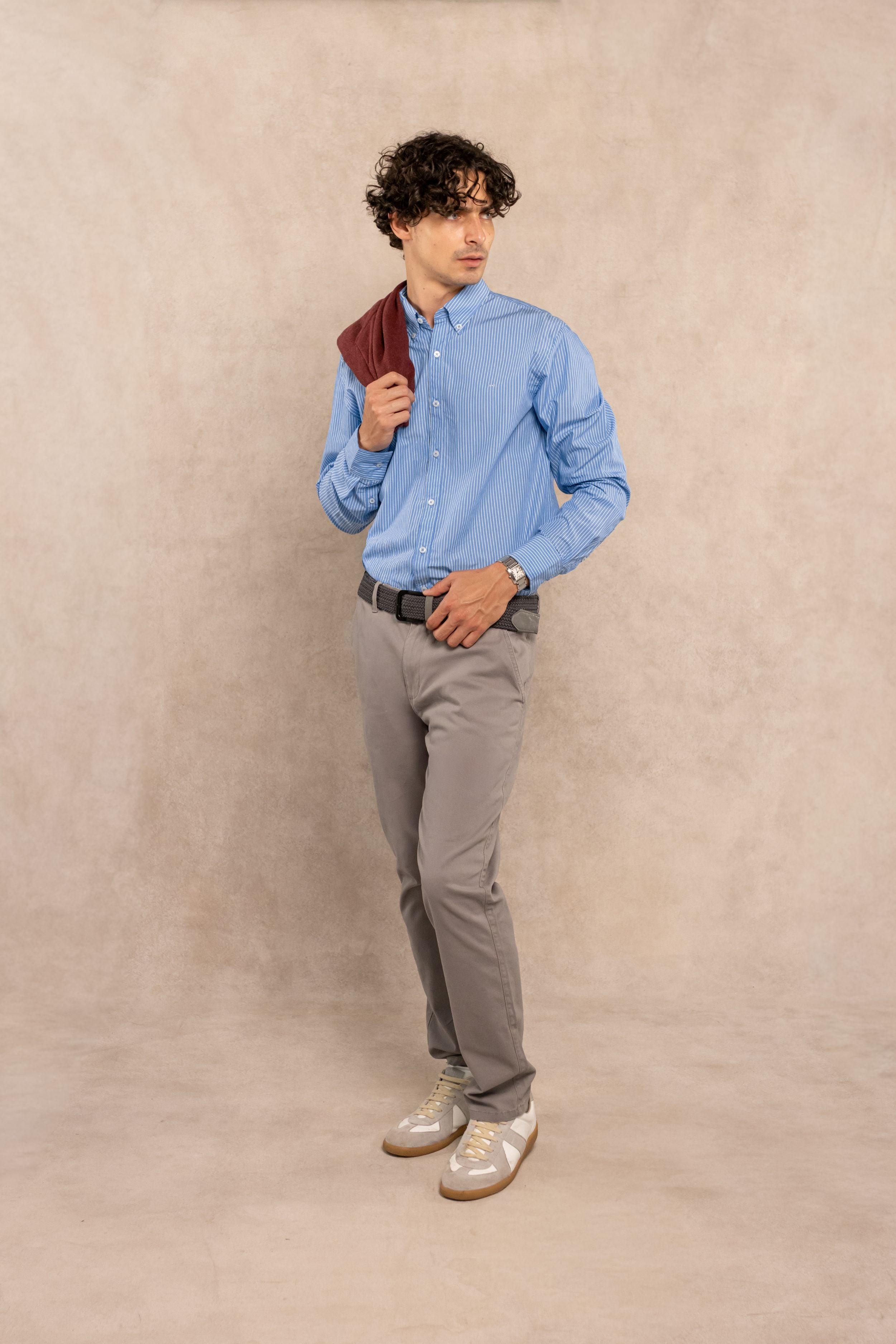 Camisa Antimanchas Popelina Rayas Azul Logo Contraste
