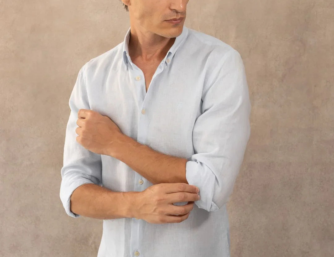 Camisa Lino Azul Capri Logo Combinado marca DANTE para hombre regular fit foto
