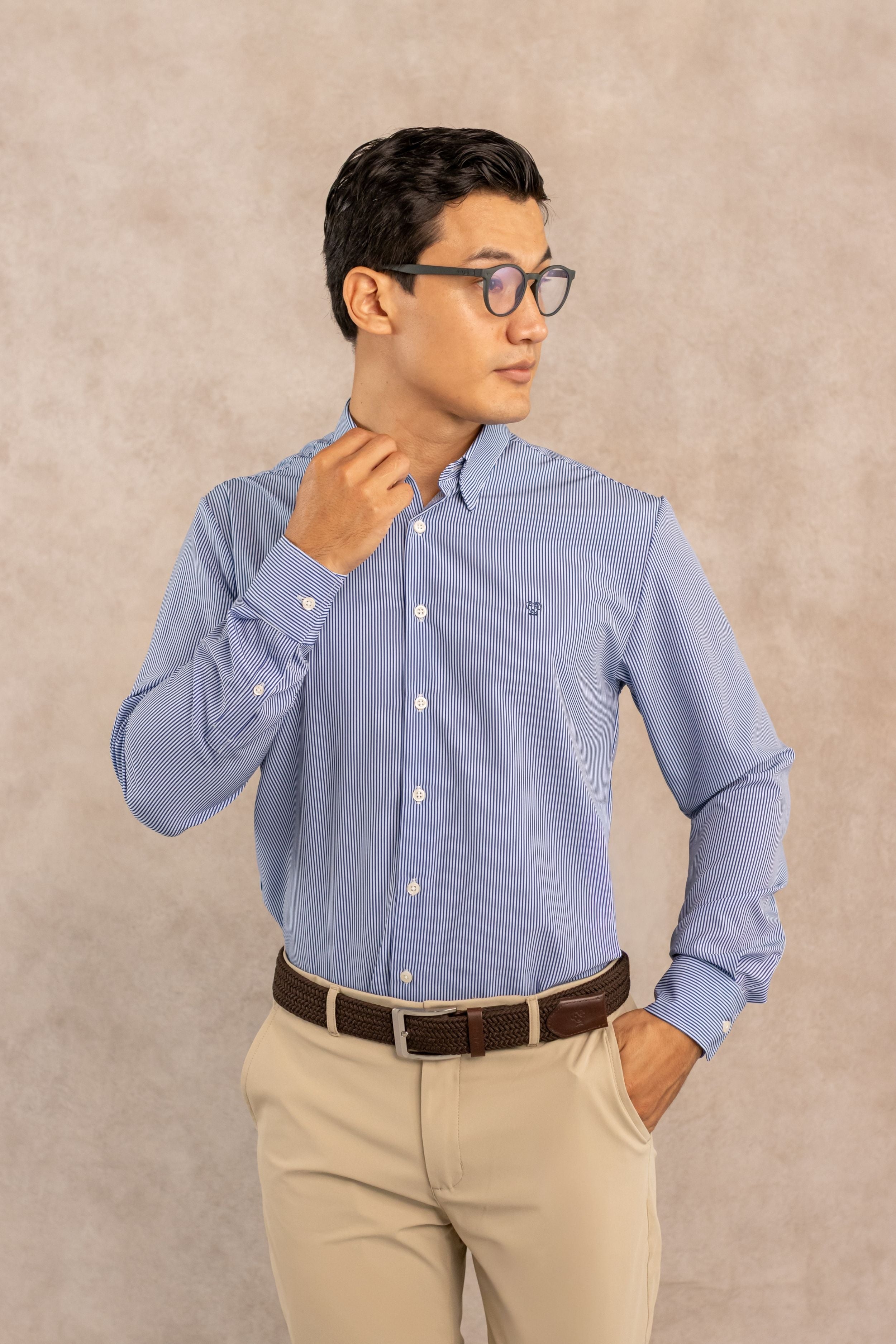 Camisa Performance Antiarrugas Rayas Azul Oscuro