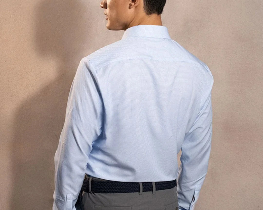 Camisa Performance cuadros azul claro antiarrugas para hombre marca DANTE tallaje regular fit foto espaldas