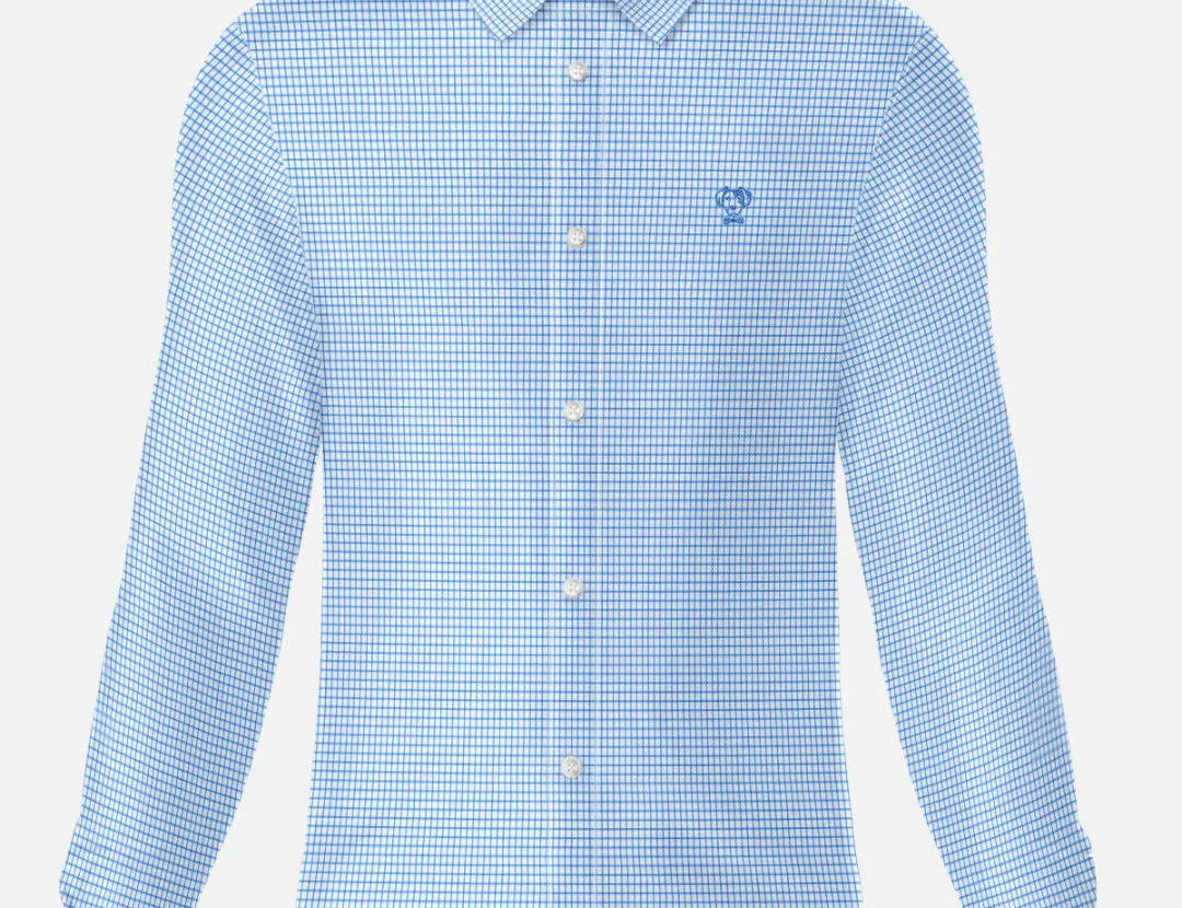 Camisa Performance cuadros azul claro antiarrugas para hombre marca DANTE tallaje regular fit foto mockup