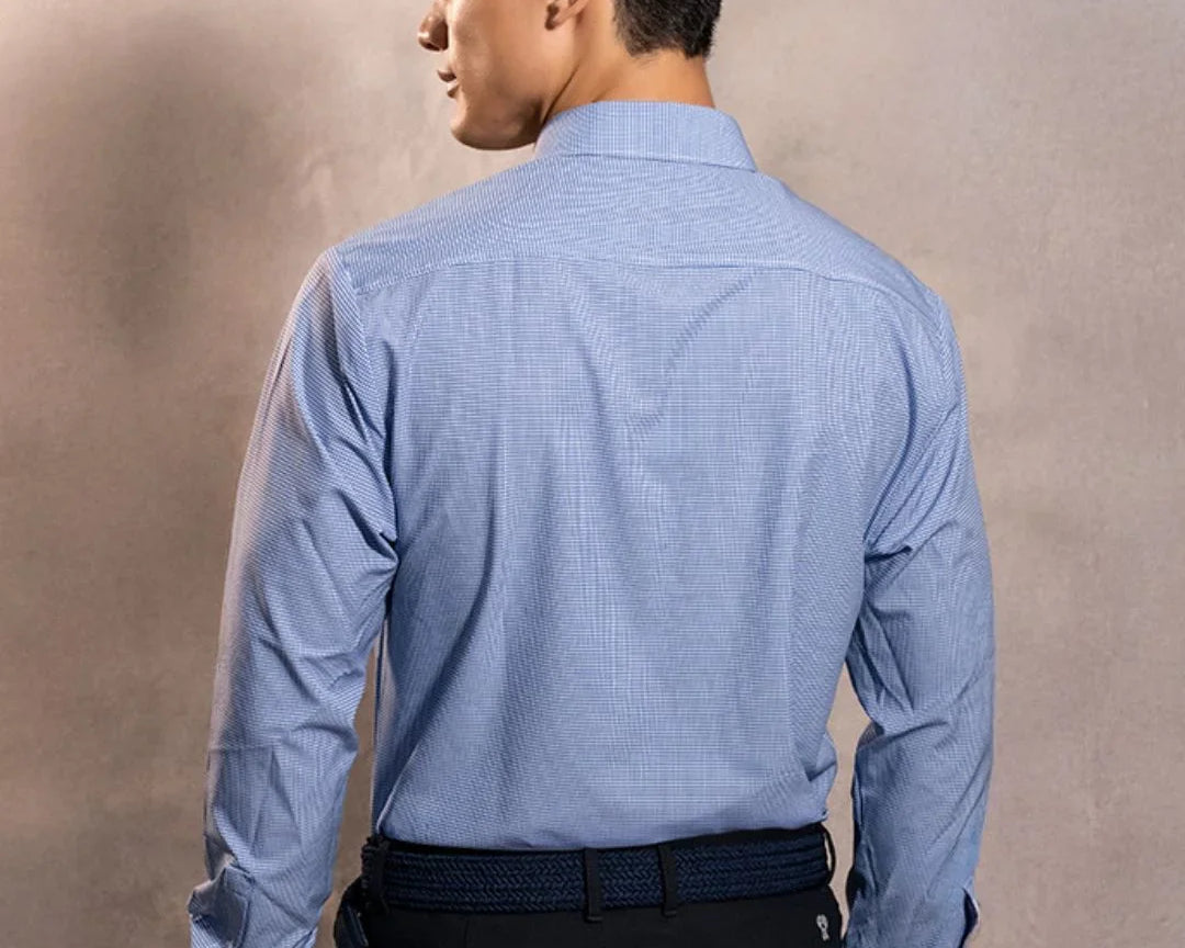 Camisa Performance cuadros azul oscuro antiarrugas para hombre marca DANTE tallaje regular fit foto espalda