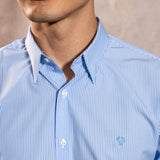 Camisa Performance rayas azul claro antiarrugas para hombre marca DANTE tallaje regular fit foto logo