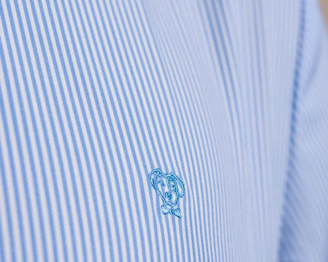 Camisa Performance rayas azul claro antiarrugas para hombre marca DANTE tallaje regular fit foto tela