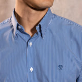 Camisa Performance rayas azul oscuro antiarrugas para hombre marca DANTE tallaje regular fit foto logo