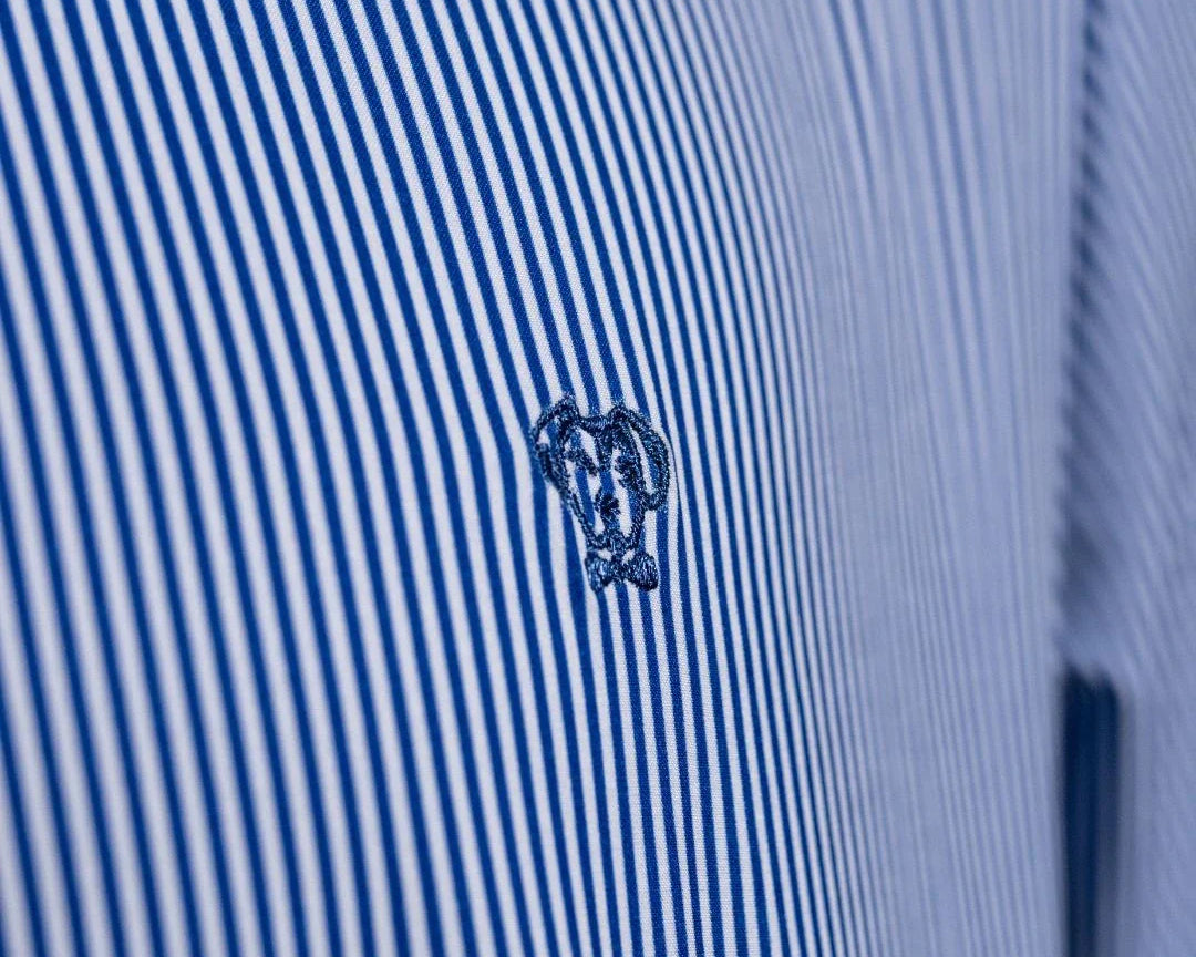 Camisa Performance rayas azul oscuro antiarrugas para hombre marca DANTE tallaje regular fit foto tela