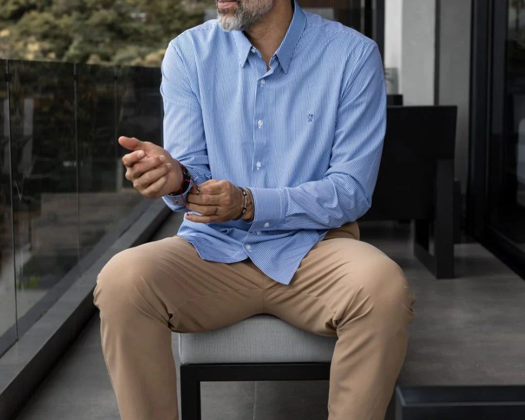 Camisa Performance rayas azul oscuro para hombre marca DANTE tallaje regular fit foto yepes