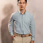 Camisa Performance verde sage antiarrugas para hombre marca DANTE tallaje regular fit foto modelo2