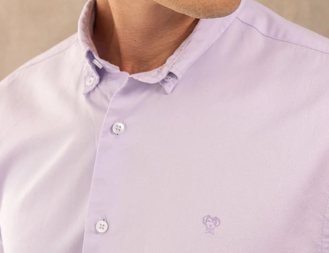 Camisa antimanchas Oxford lila marca DANTE para hombre regular fit foto  modelo