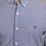 Camisa antimanchas Popelina Cuadros Azul Oscuro Berna para hombre marca DANTE tallaje regular fit foto logo