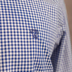 Camisa antimanchas Popelina Cuadros Azul Oscuro Berna para hombre marca DANTE tallaje regular fit foto tela clcose
