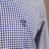 Camisa antimanchas Popelina Cuadros Azul Oscuro Berna para hombre marca DANTE tallaje regular fit foto tela clcose