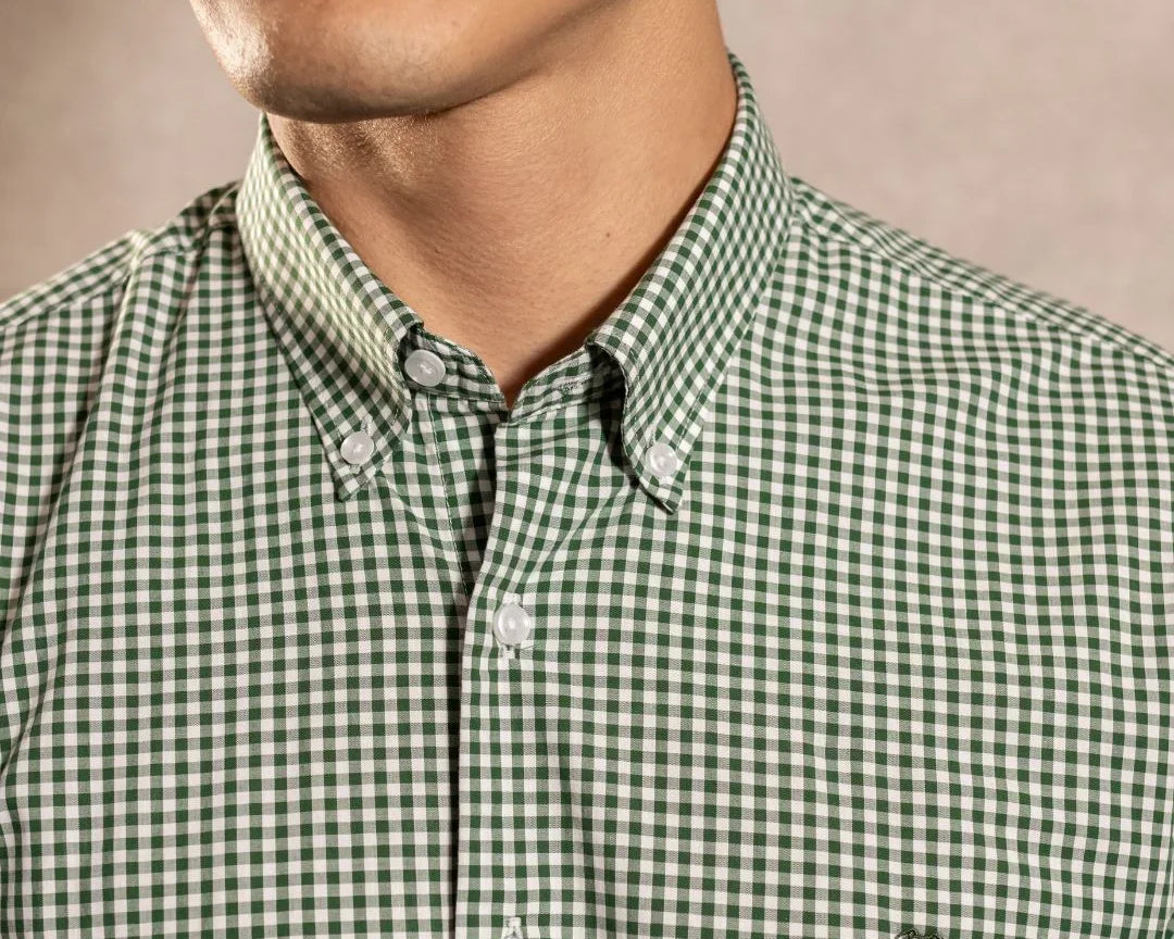 Camisa antimanchas Popelina Cuadros Verde Oscuro Lugano para hombre marca DANTE tallaje regular fit foto logo