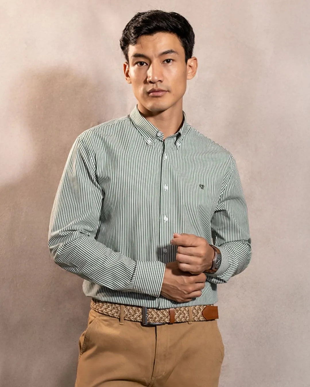 Camisa Antimanchas Popelina Rayas Verde Oscuro Logo Combinado