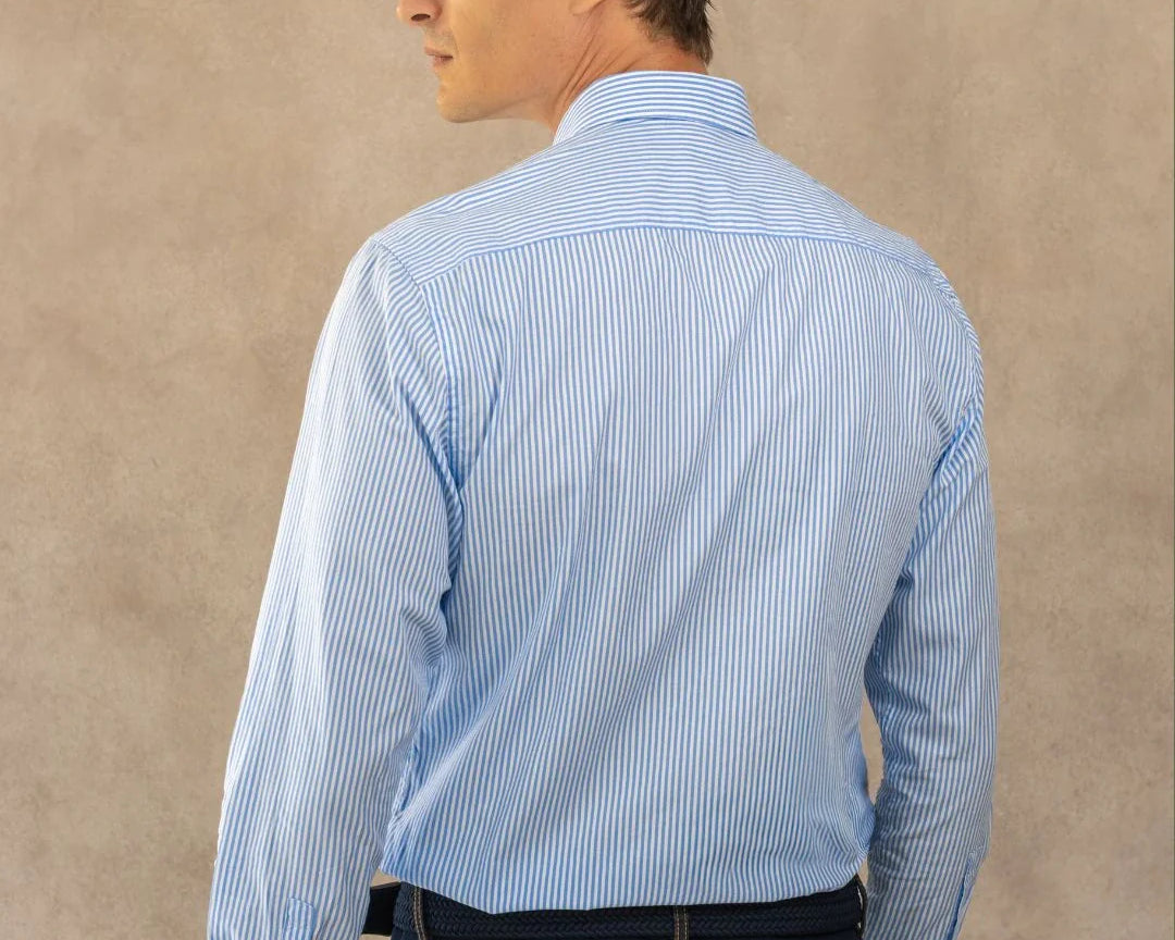 Camisa antimanchas Popelina Rayas yale marca DANTE de hombre tallaje regular fit foto espalda