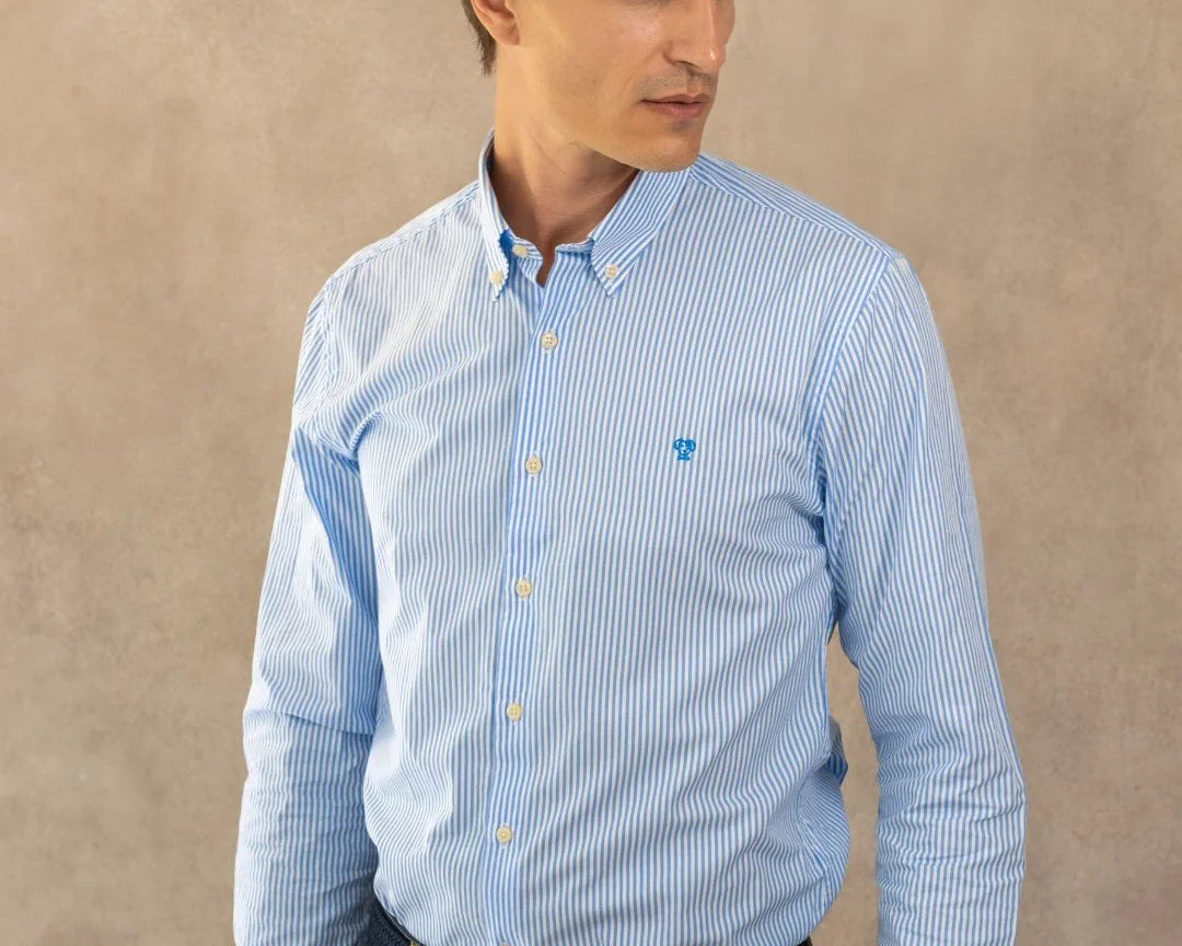 Camisa antimanchas Popelina Rayas yale marca DANTE de hombre tallaje regular fit foto modelo