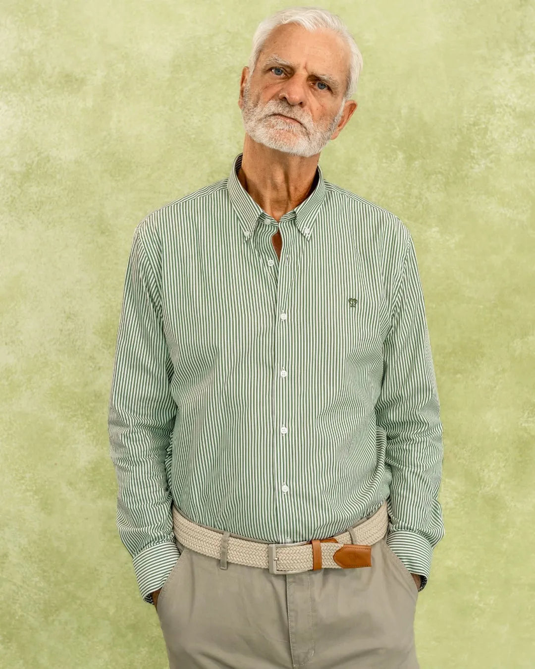 Camisa Antimanchas Popelina Rayas Verde Oscuro Logo Combinado