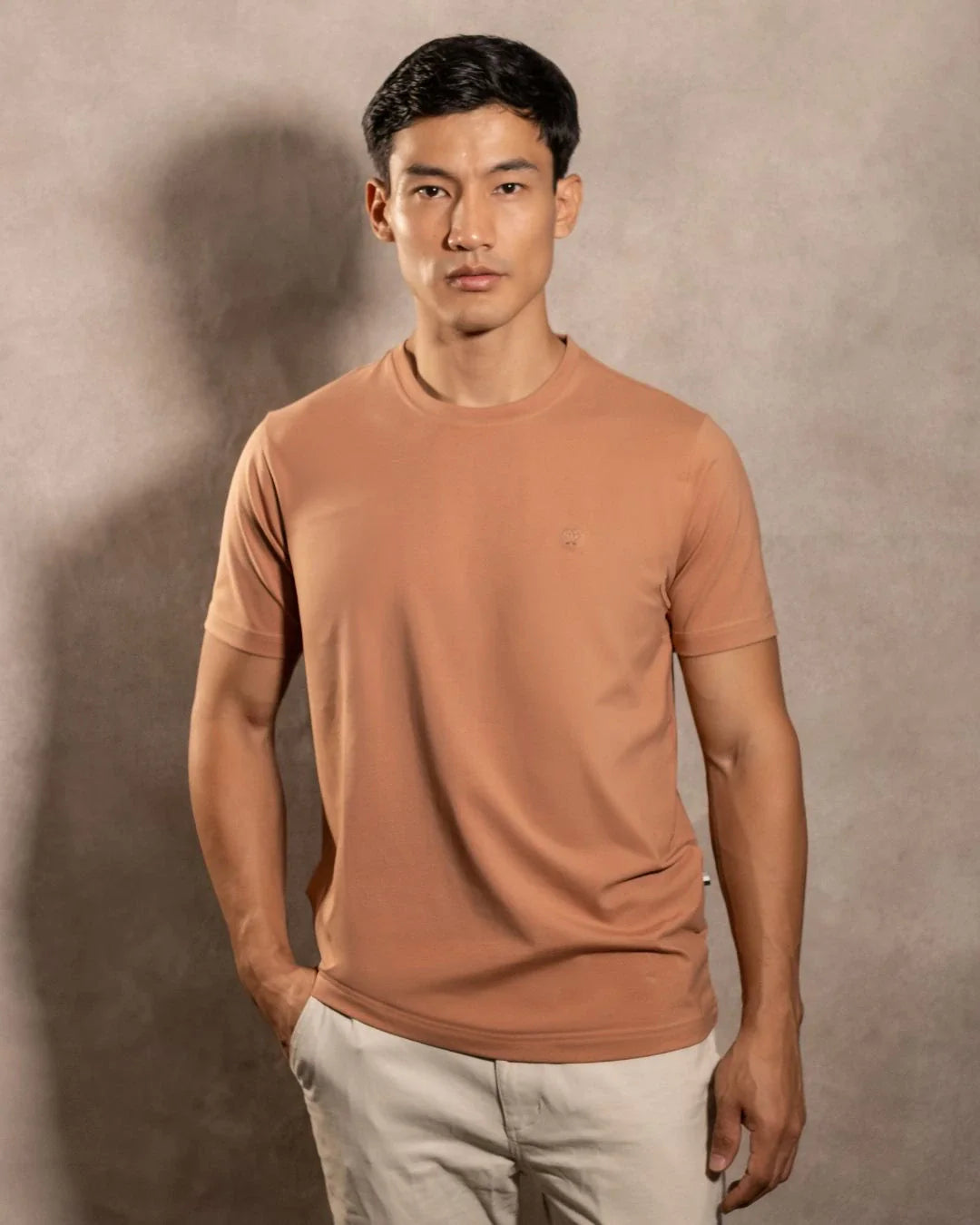 Camiseta antimanchas Mocca Blue hombre marca DANTE tallaje regular fit foto modelo