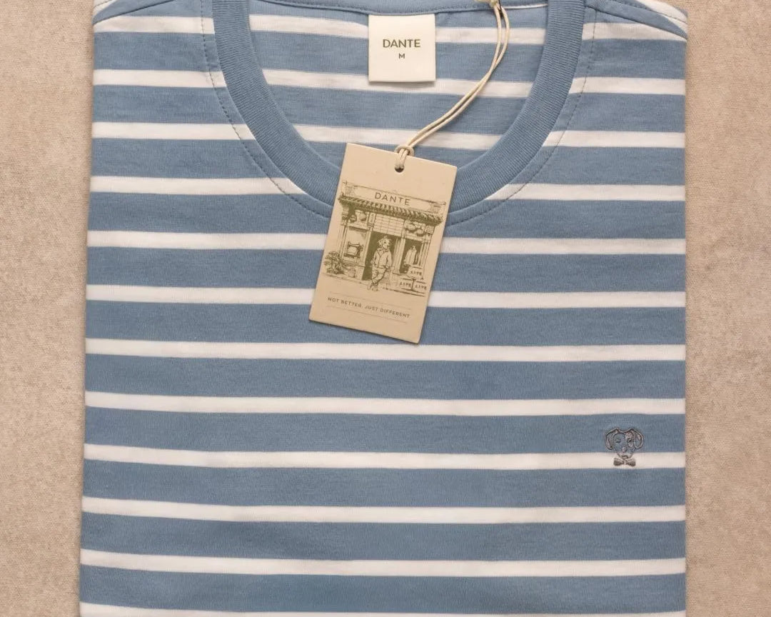 Camiseta antimanchas Rayas Azul Stone mujer marca DANTE tallaje relaxed fit foto prenda