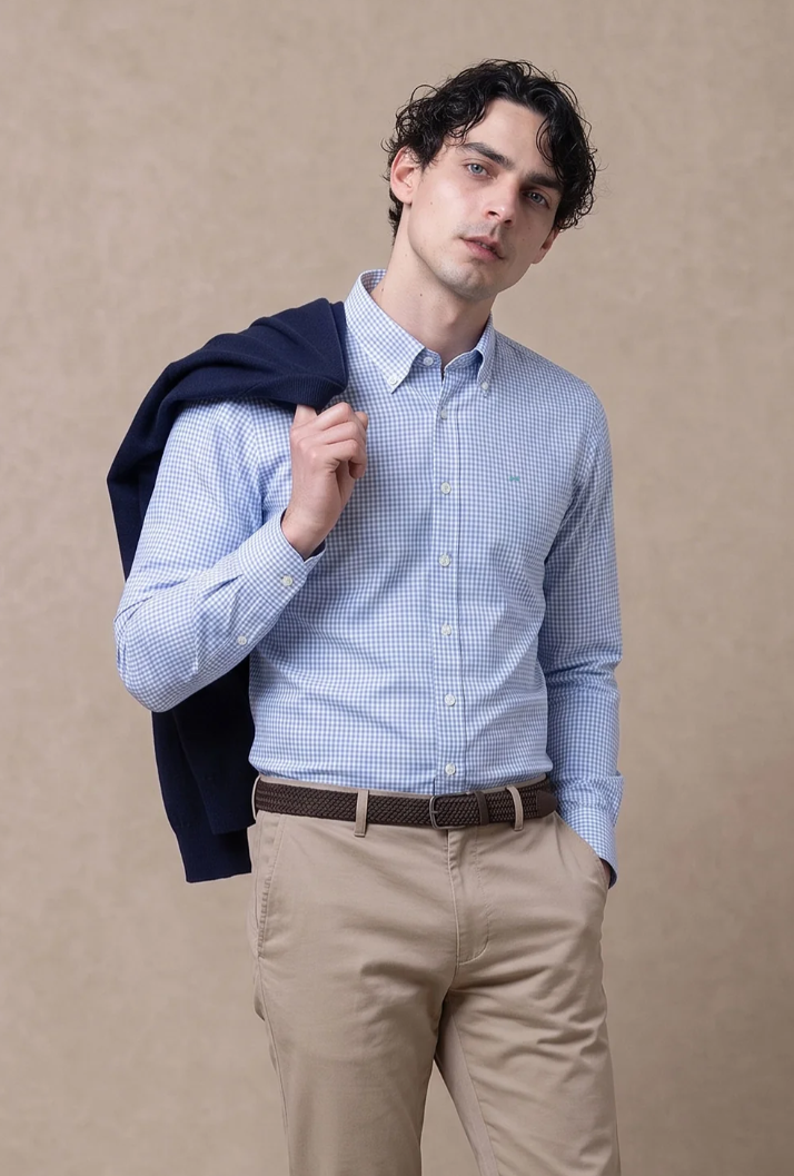 Camisa Antimanchas Popelina Cuadros Azul Claro Logo Combinado